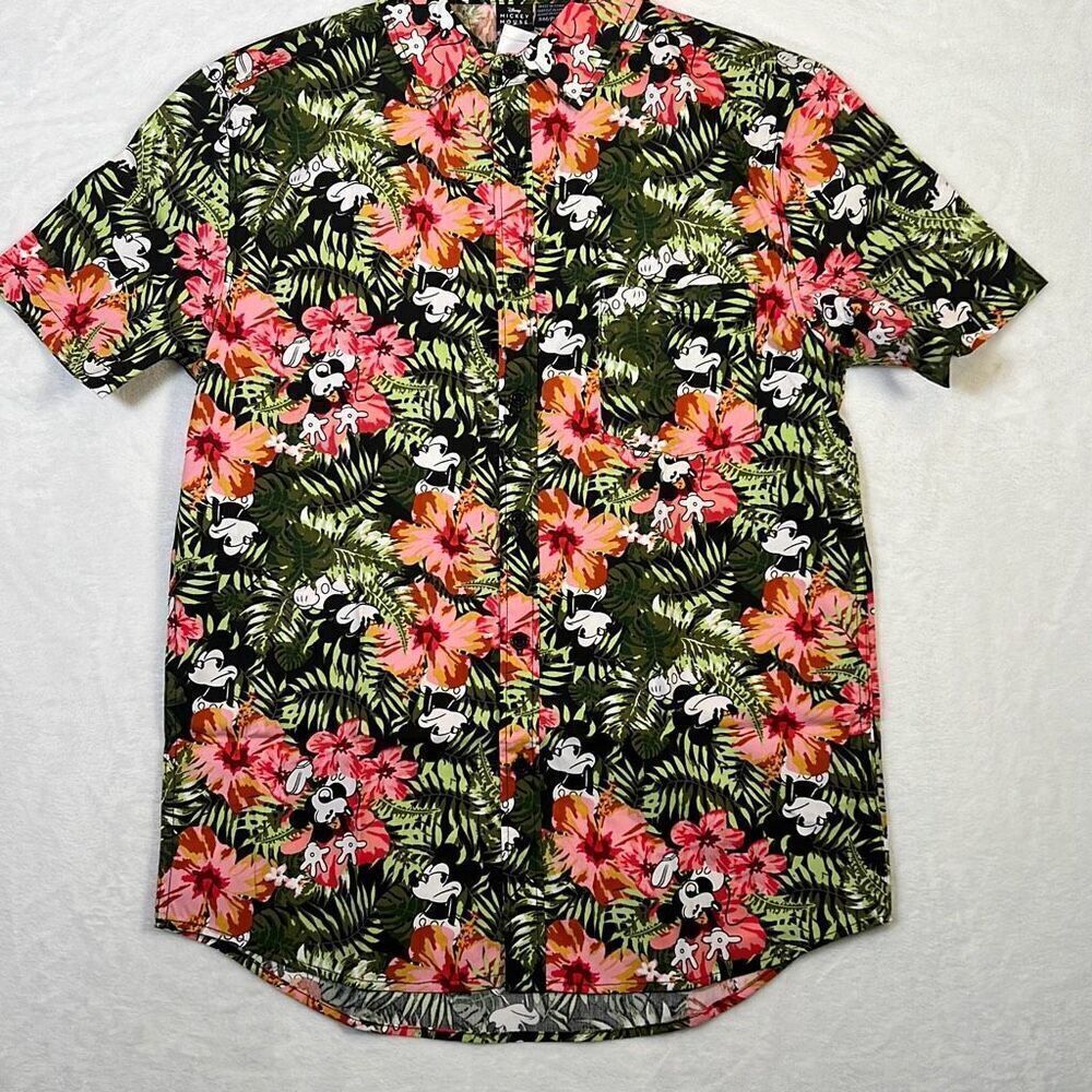 Disney Mickey Mouse Hawaiian Tropical Button Vacation Shirt, Mens Size Small NWT